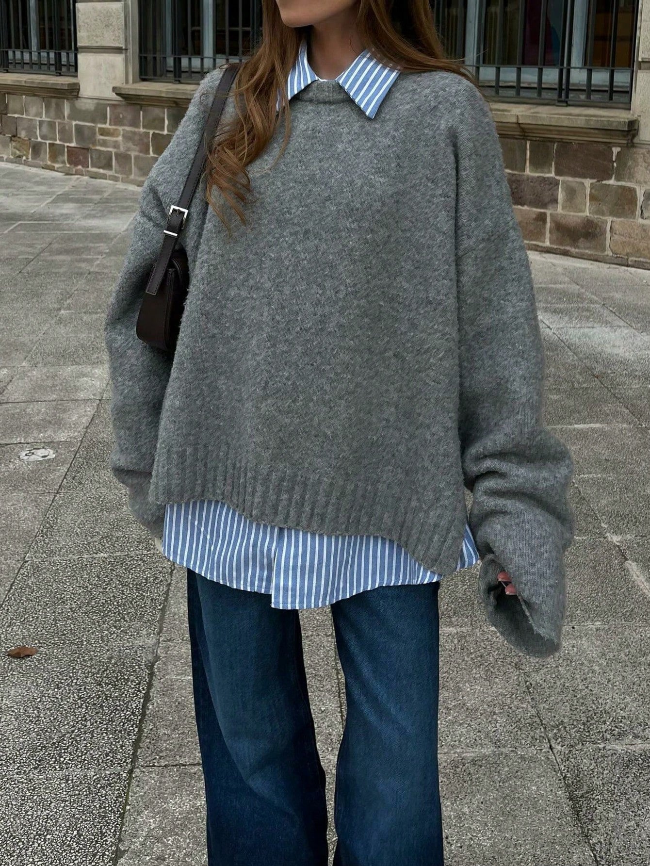 SHEIN Senya Women's Autumn And Winter Dark Grey Crew Neck Long Sleeve Knitted Wool Sweater, Side Slit Straight Sleeve Design Sweater Top, Daily Commuter Versatile Knitted Pullover