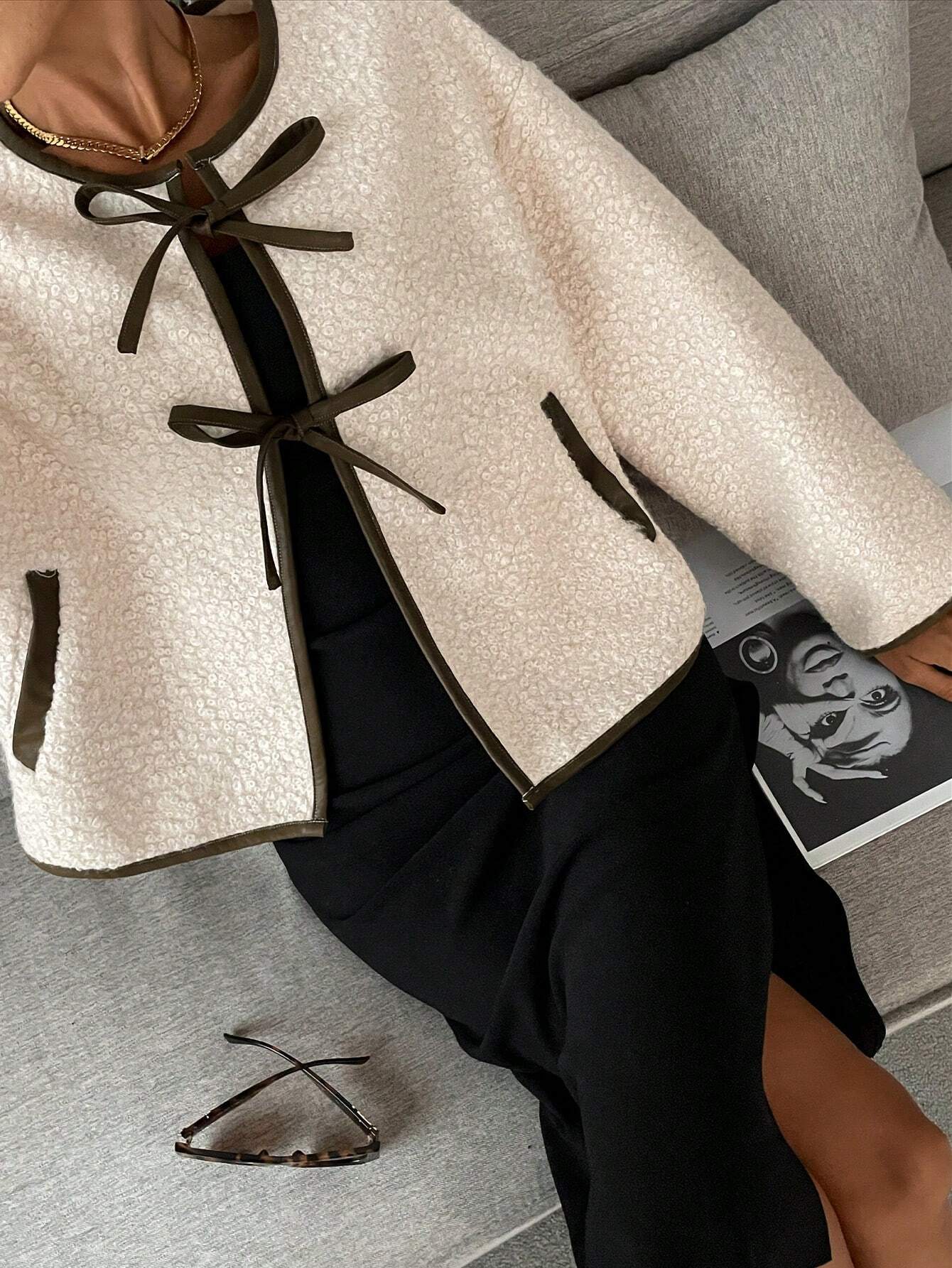 SHEIN Serisse Women's Tie-Up Contrast Trim Bow Jacket