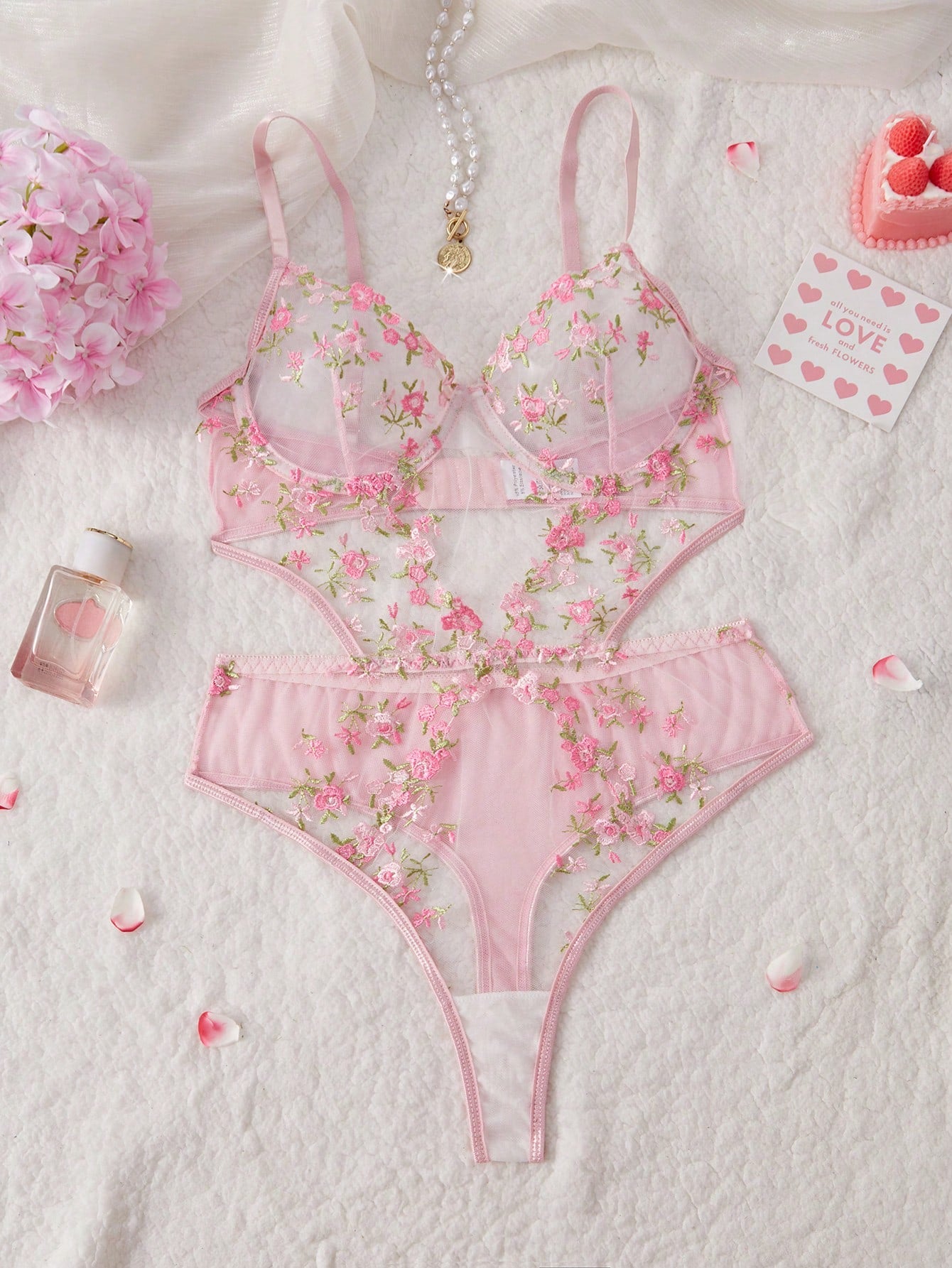 SHEIN Sexy Lingerie For Women, Pink Floral Embroidery Mesh Cut-Out Backless Jumpsuit, Suitable For Intimate Nightwear, Club Wear, Valentine's Day