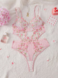 SHEIN Sexy Lingerie For Women, Pink Floral Embroidery Mesh Cut-Out Backless Jumpsuit, Suitable For Intimate Nightwear, Club Wear, Valentine's Day