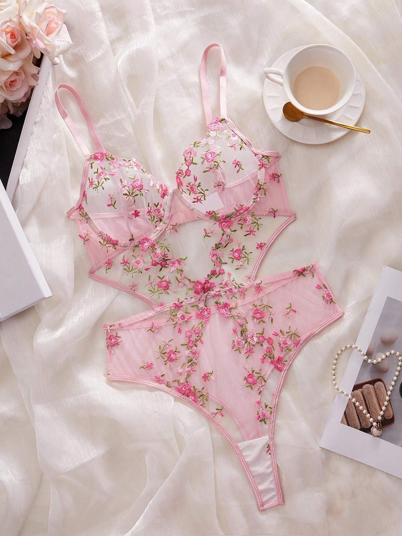 SHEIN Sexy Lingerie For Women, Pink Floral Embroidery Mesh Cut-Out Backless Jumpsuit, Suitable For Intimate Nightwear, Club Wear, Valentine's Day