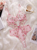 SHEIN Sexy Lingerie For Women, Pink Floral Embroidery Mesh Cut-Out Backless Jumpsuit, Suitable For Intimate Nightwear, Club Wear, Valentine's Day