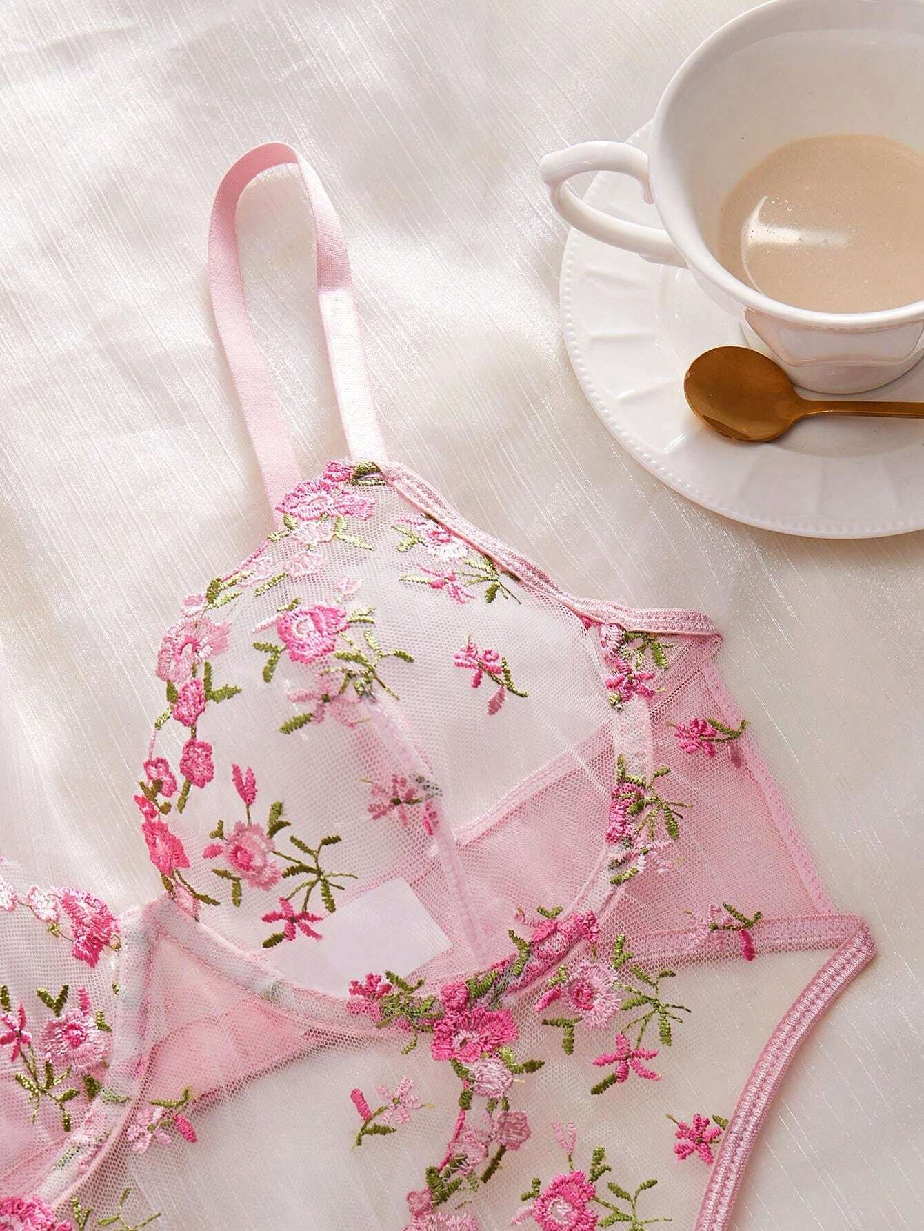 SHEIN Sexy Lingerie For Women, Pink Floral Embroidery Mesh Cut-Out Backless Jumpsuit, Suitable For Intimate Nightwear, Club Wear, Valentine's Day