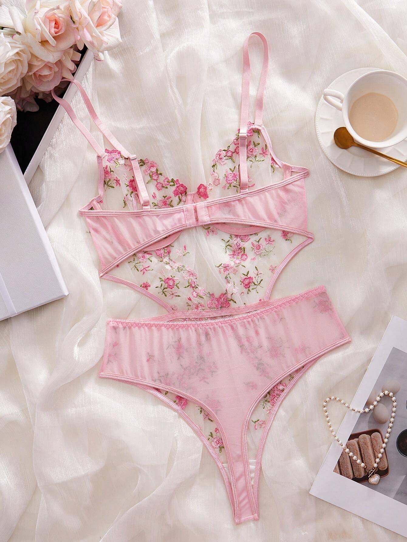 SHEIN Sexy Lingerie For Women, Pink Floral Embroidery Mesh Cut-Out Backless Jumpsuit, Suitable For Intimate Nightwear, Club Wear, Valentine's Day