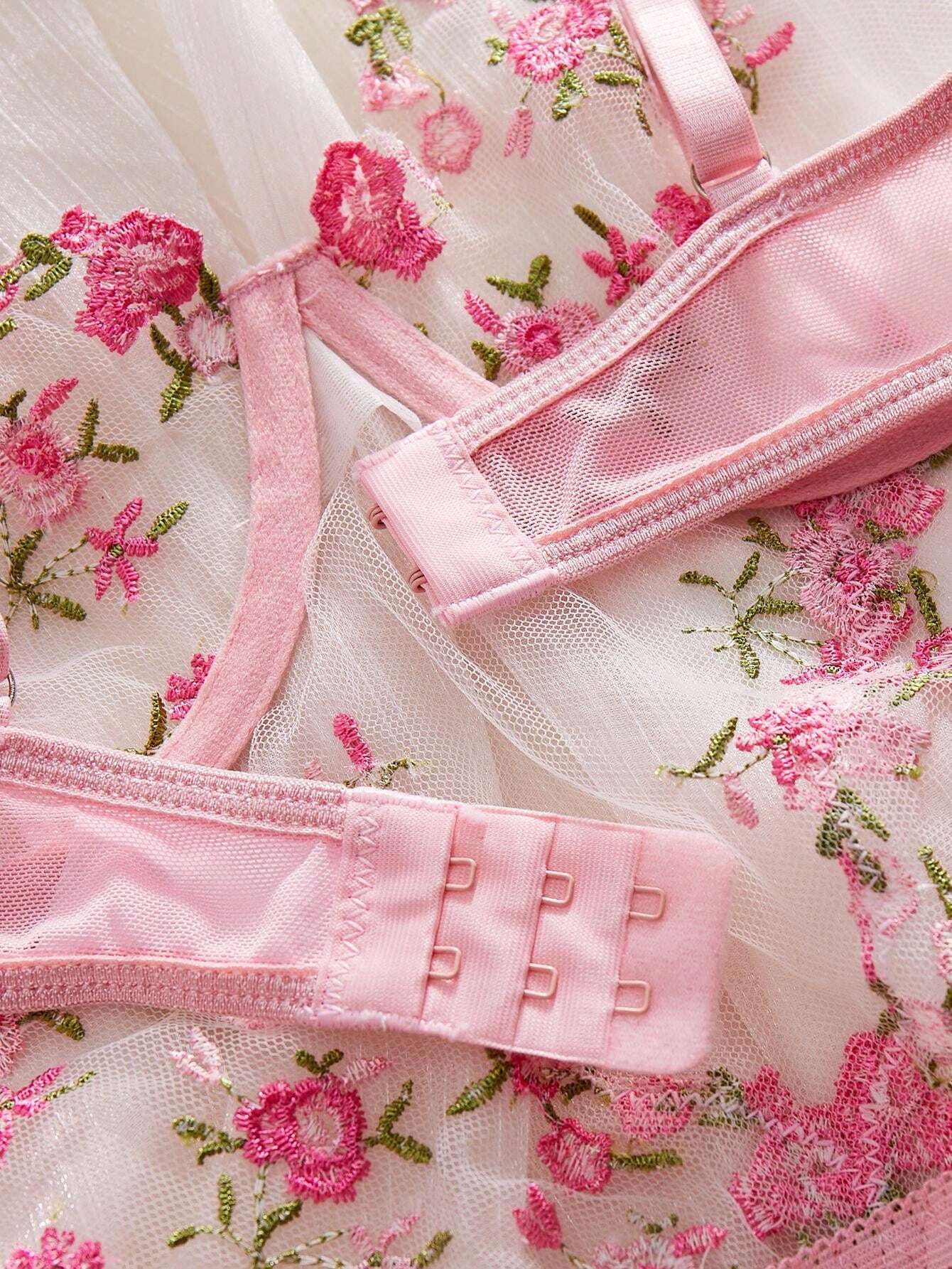 SHEIN Sexy Lingerie For Women, Pink Floral Embroidery Mesh Cut-Out Backless Jumpsuit, Suitable For Intimate Nightwear, Club Wear, Valentine's Day