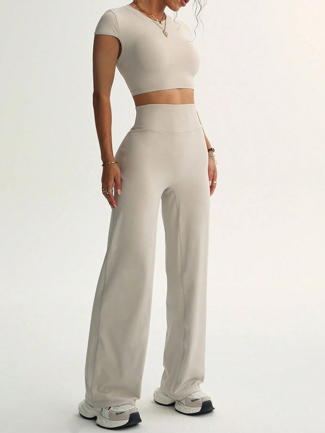 SHEIN Short Sleeve Top + High-Waisted Leggings - Stylish Women's Athleisure Outfit For Gym & Lounge 2025 Breathable Short Sleeve Top And Wide Leg Yoga Pants- Women's Activewear For Yoga & Pilates