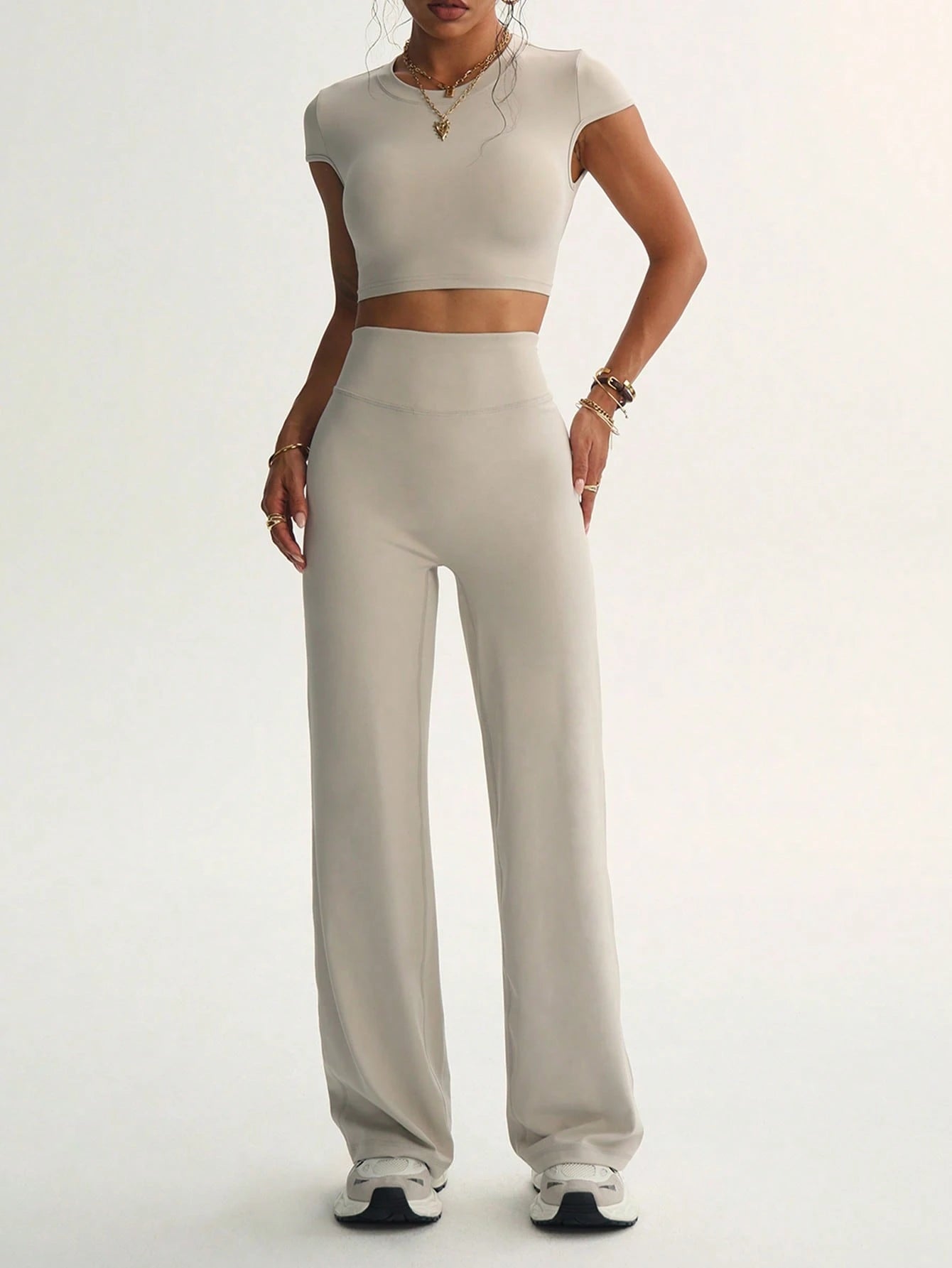 SHEIN Short Sleeve Top + High-Waisted Leggings - Stylish Women's Athleisure Outfit For Gym & Lounge 2025 Breathable Short Sleeve Top And Wide Leg Yoga Pants- Women's Activewear For Yoga & Pilates