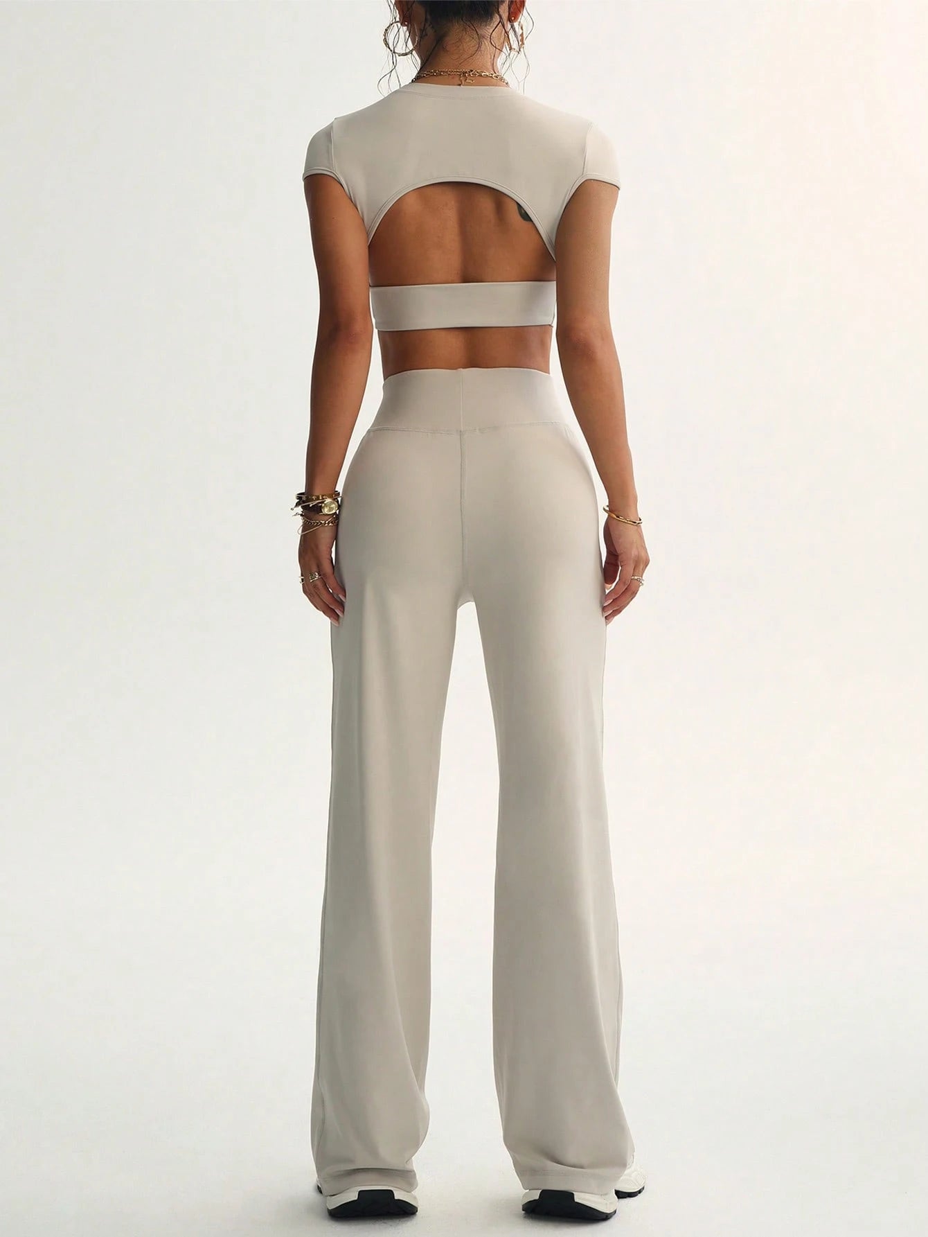 SHEIN Short Sleeve Top + High-Waisted Leggings - Stylish Women's Athleisure Outfit For Gym & Lounge 2025 Breathable Short Sleeve Top And Wide Leg Yoga Pants- Women's Activewear For Yoga & Pilates