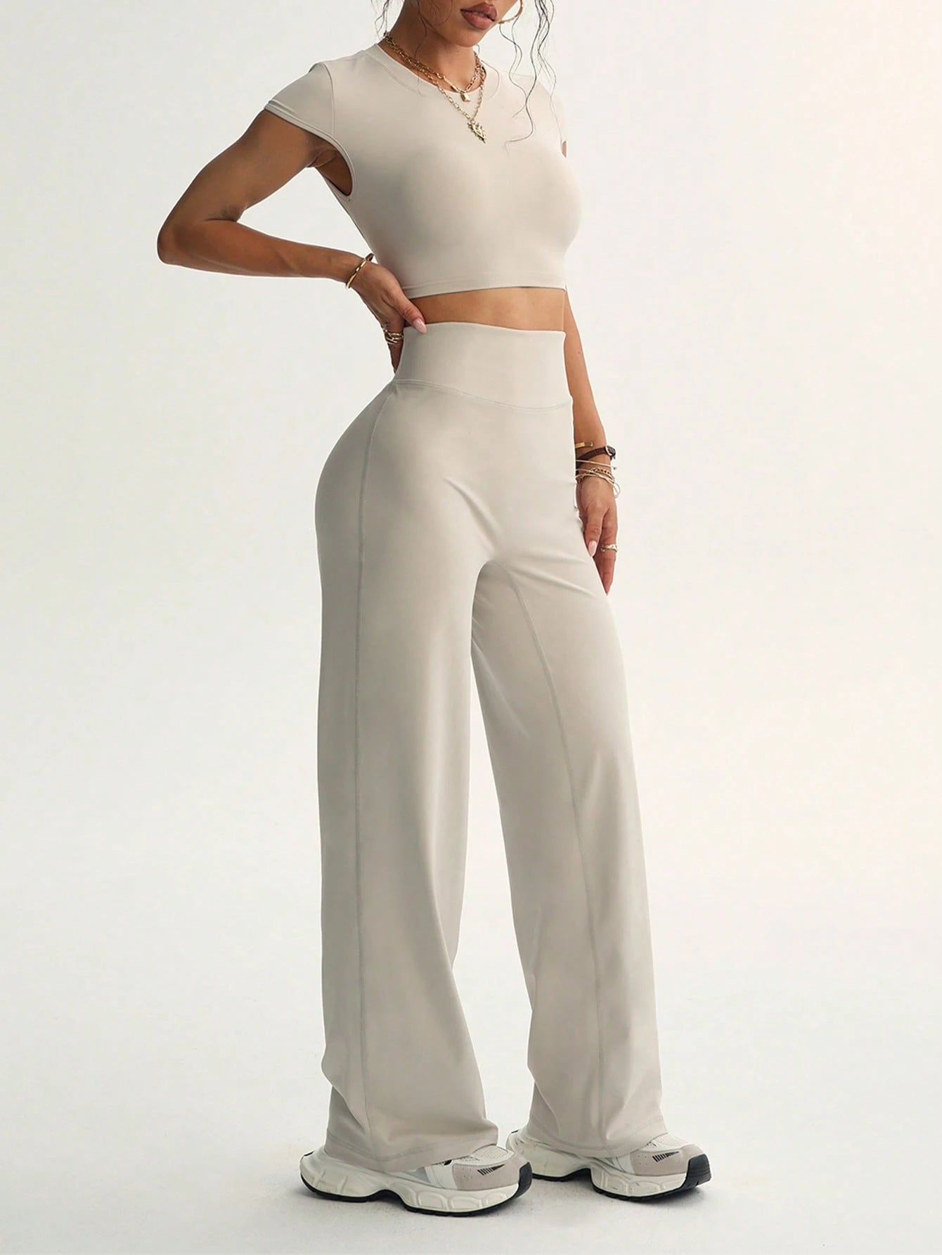 SHEIN Short Sleeve Top + High-Waisted Leggings - Stylish Women's Athleisure Outfit For Gym & Lounge 2025 Breathable Short Sleeve Top And Wide Leg Yoga Pants- Women's Activewear For Yoga & Pilates