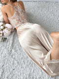SHEIN SilkySpell Women's Spaghetti Strap Lace Patchwork Sleeveless Top And Long Pants Two-Piece Pajama Set