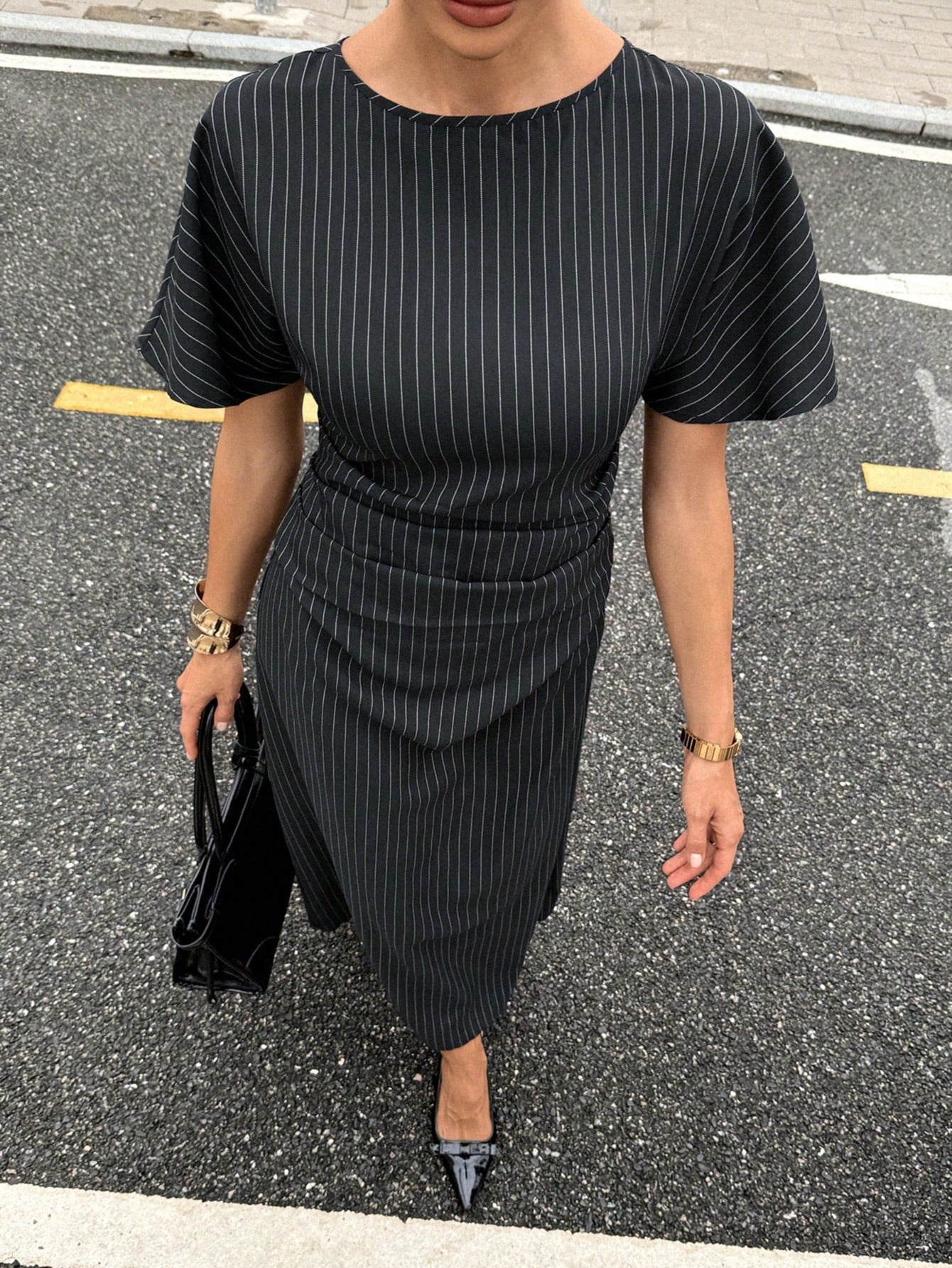 SHEIN Siren Gaze New Commuter Striped Dress For Women, Waisted A-Line Casual Commuter Wear, Elegant And Exquisite Commuter Long Skirt, Old Money Style Wear,Stockholm Style ,Fall Women Clothes