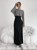 SHEIN Siren Gaze Two Pieces Fall Outfits Knitted 2 Pieces/Set Women's Striped Printed Round Neck Long Sleeve Top And Black Sleeveless Dress