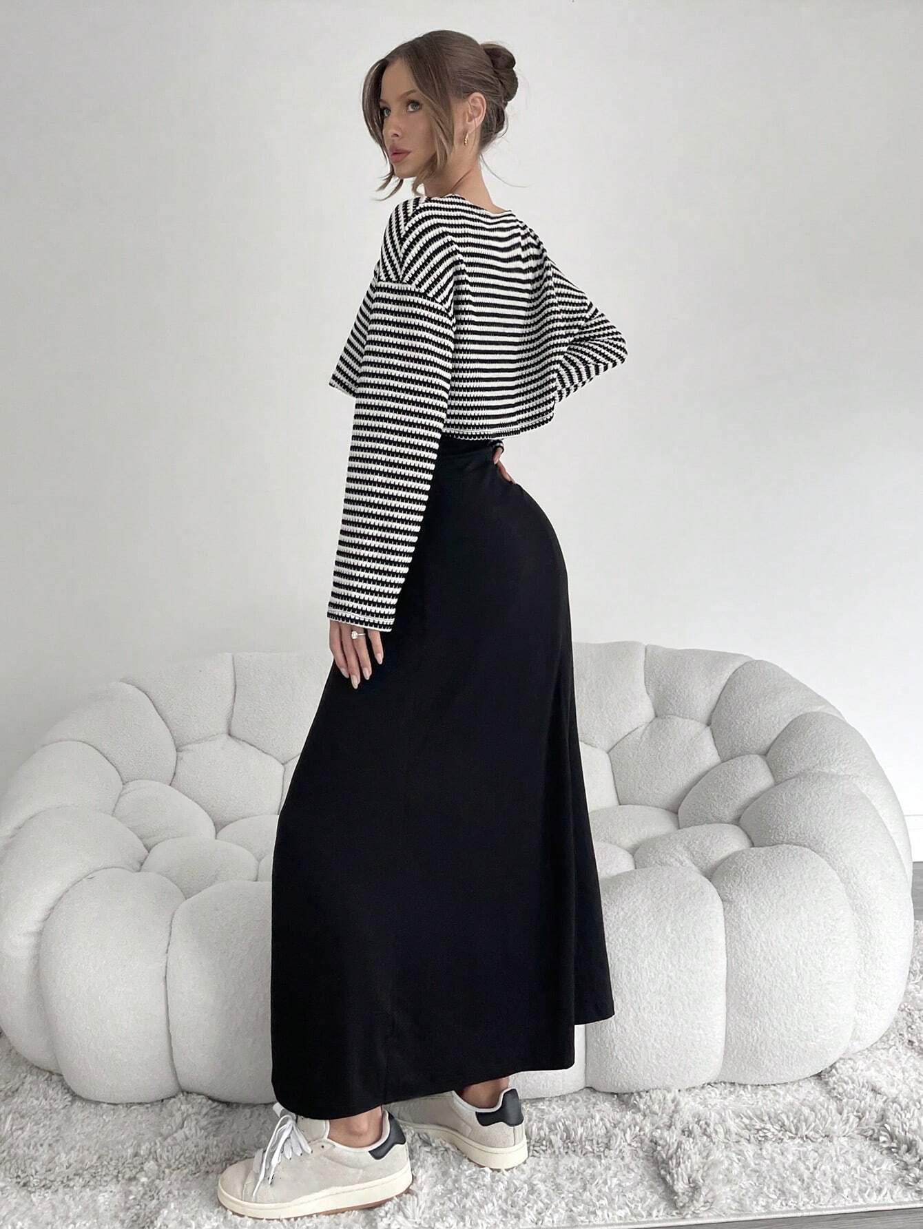 SHEIN Siren Gaze Two Pieces Fall Outfits Knitted 2 Pieces/Set Women's Striped Printed Round Neck Long Sleeve Top And Black Sleeveless Dress