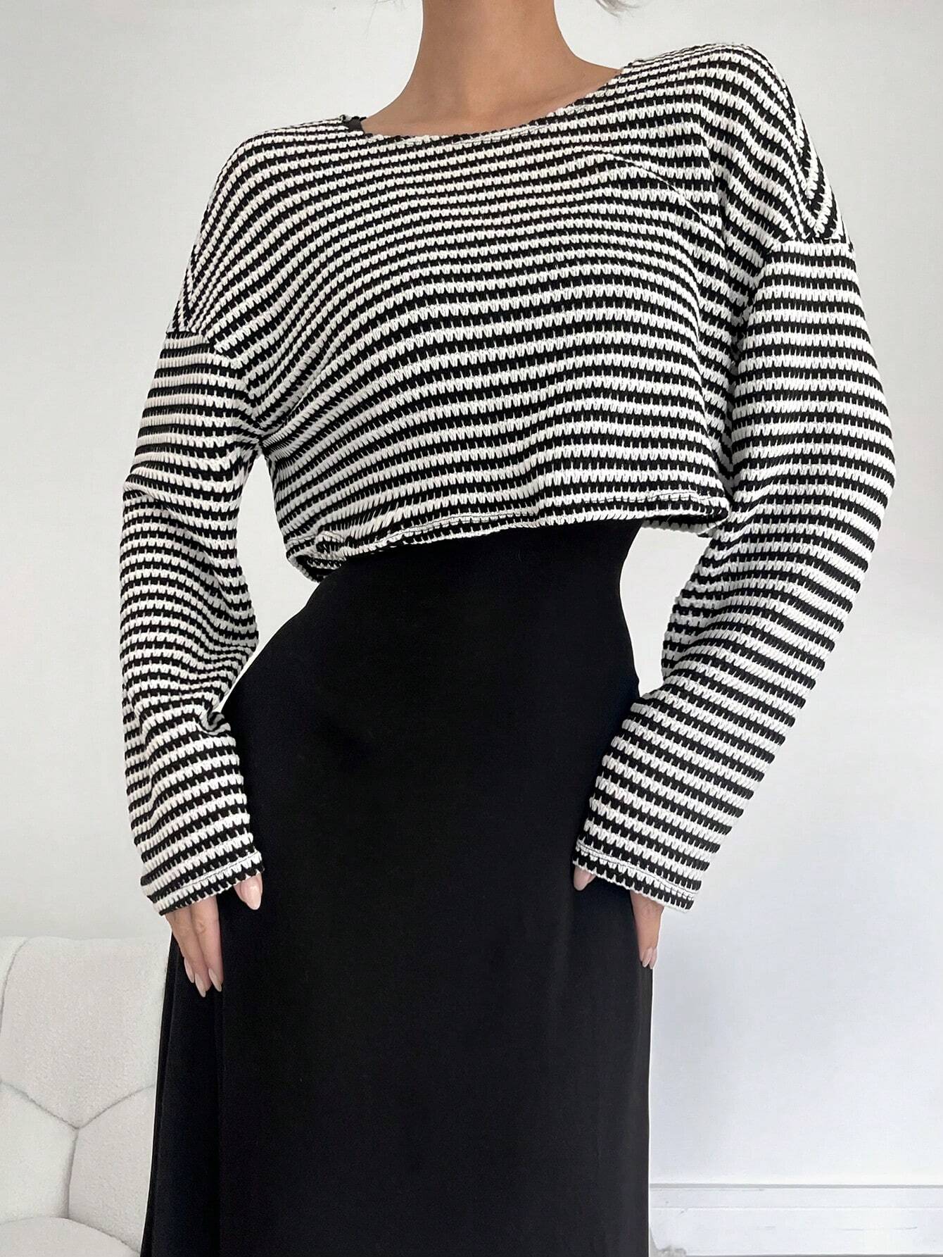 SHEIN Siren Gaze Two Pieces Fall Outfits Knitted 2 Pieces/Set Women's Striped Printed Round Neck Long Sleeve Top And Black Sleeveless Dress