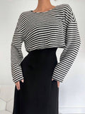 SHEIN Siren Gaze Two Pieces Fall Outfits Knitted 2 Pieces/Set Women's Striped Printed Round Neck Long Sleeve Top And Black Sleeveless Dress