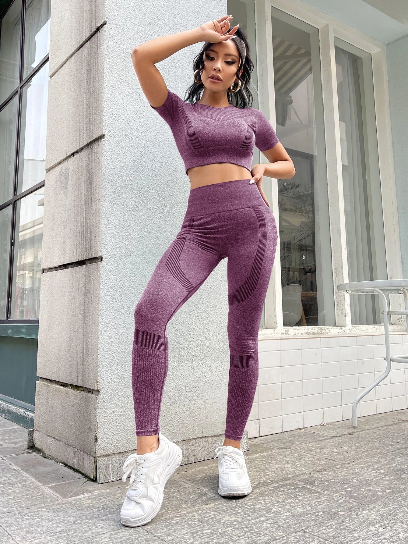 SHEIN Slayoga 2pcs Seamless High Stretch Yoga Set Sports Suit Ribbed Top Scrunch Butt Wide Waistband Leggings Workout Women Set