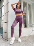 SHEIN Slayoga 2pcs Seamless High Stretch Yoga Set Sports Suit Ribbed Top Scrunch Butt Wide Waistband Leggings Workout Women Set