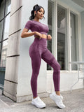 SHEIN Slayoga 2pcs Seamless High Stretch Yoga Set Sports Suit Ribbed Top Scrunch Butt Wide Waistband Leggings Workout Women Set