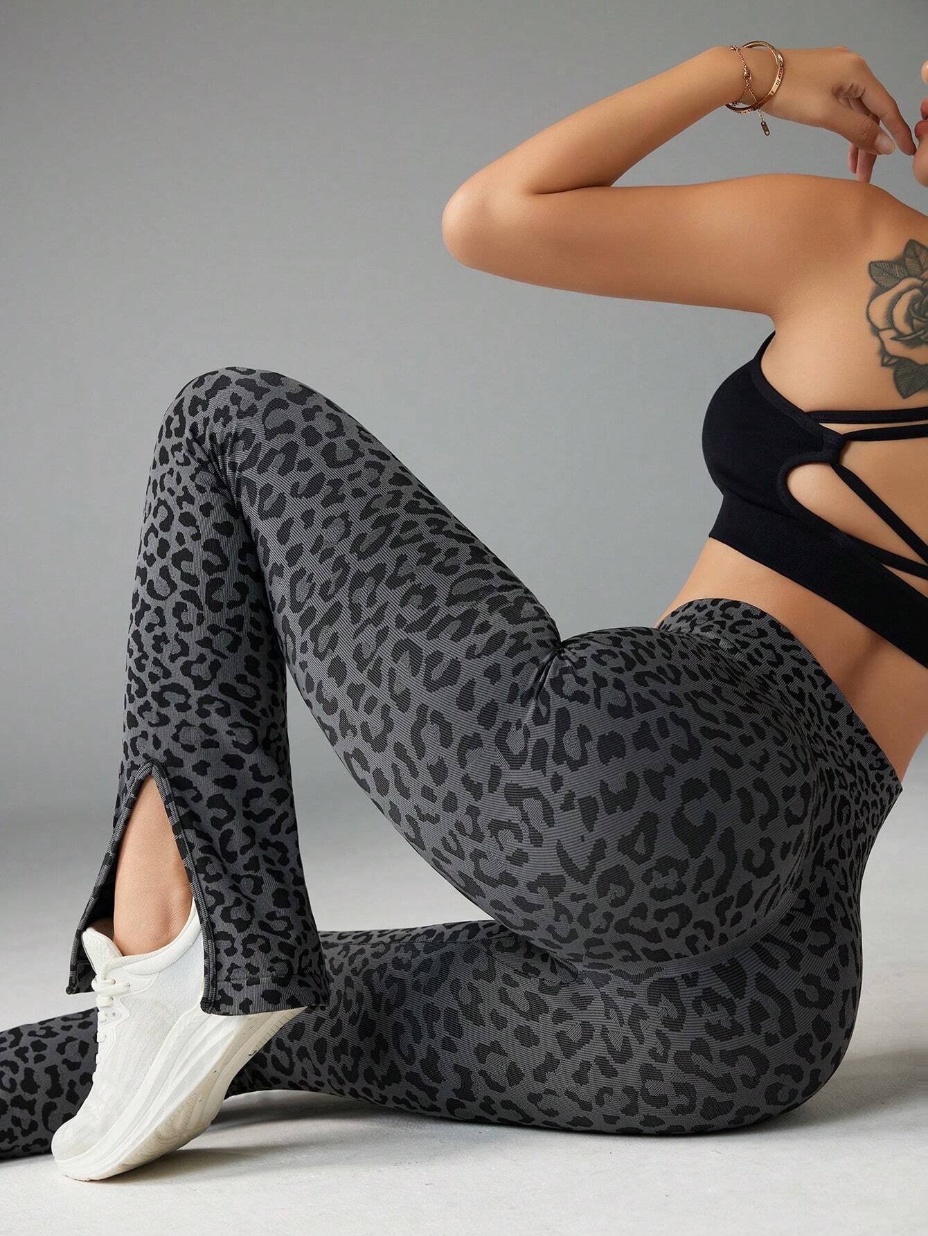 SHEIN Slayoga Women's Leopard Print Split Hem Sport Yoga Workout Leggings