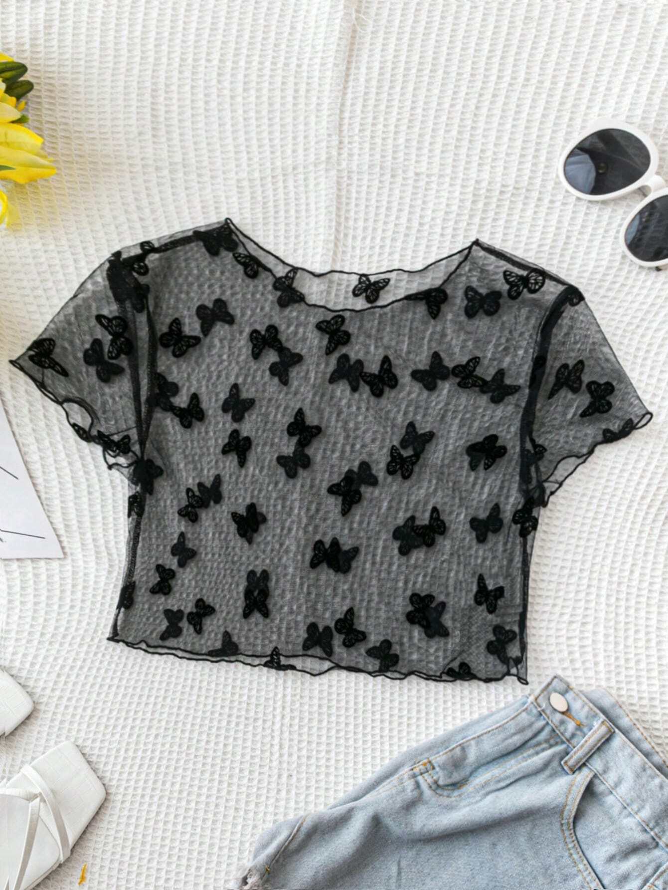  | SHEIN Soleia Women's Holiday Style Black Mesh Fabric Butterfly Jacquard Basic See-Through Tank Top, Perfect For Beach, Music Festival, Summer Boho Style | Top | Shein | OneHub