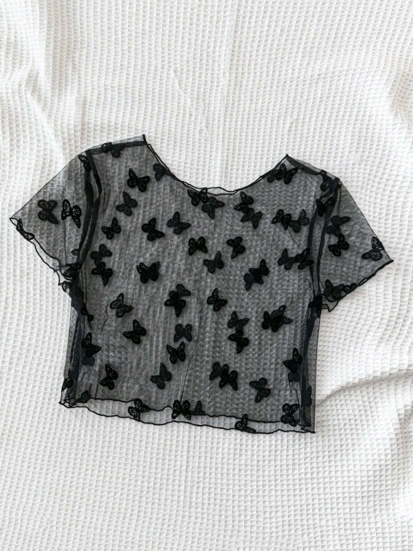  | SHEIN Soleia Women's Holiday Style Black Mesh Fabric Butterfly Jacquard Basic See-Through Tank Top, Perfect For Beach, Music Festival, Summer Boho Style | Top | Shein | OneHub