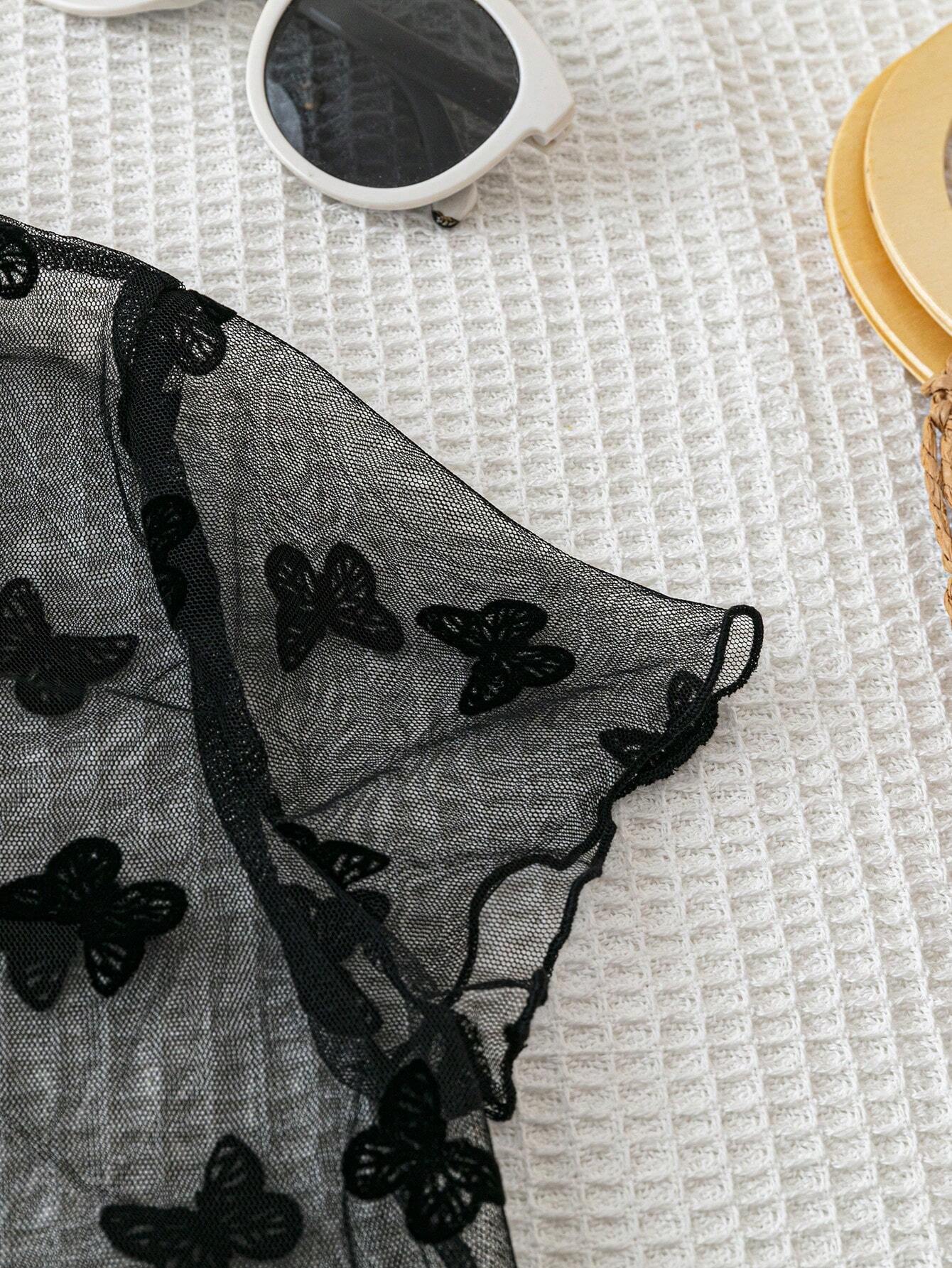  | SHEIN Soleia Women's Holiday Style Black Mesh Fabric Butterfly Jacquard Basic See-Through Tank Top, Perfect For Beach, Music Festival, Summer Boho Style | Top | Shein | OneHub