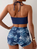  | SHEIN Solid Color Halter Top With Plant Print Square Pants Tankini Separates Swimsuit Set Summer | Top and Pant Set | Shein | OneHub
