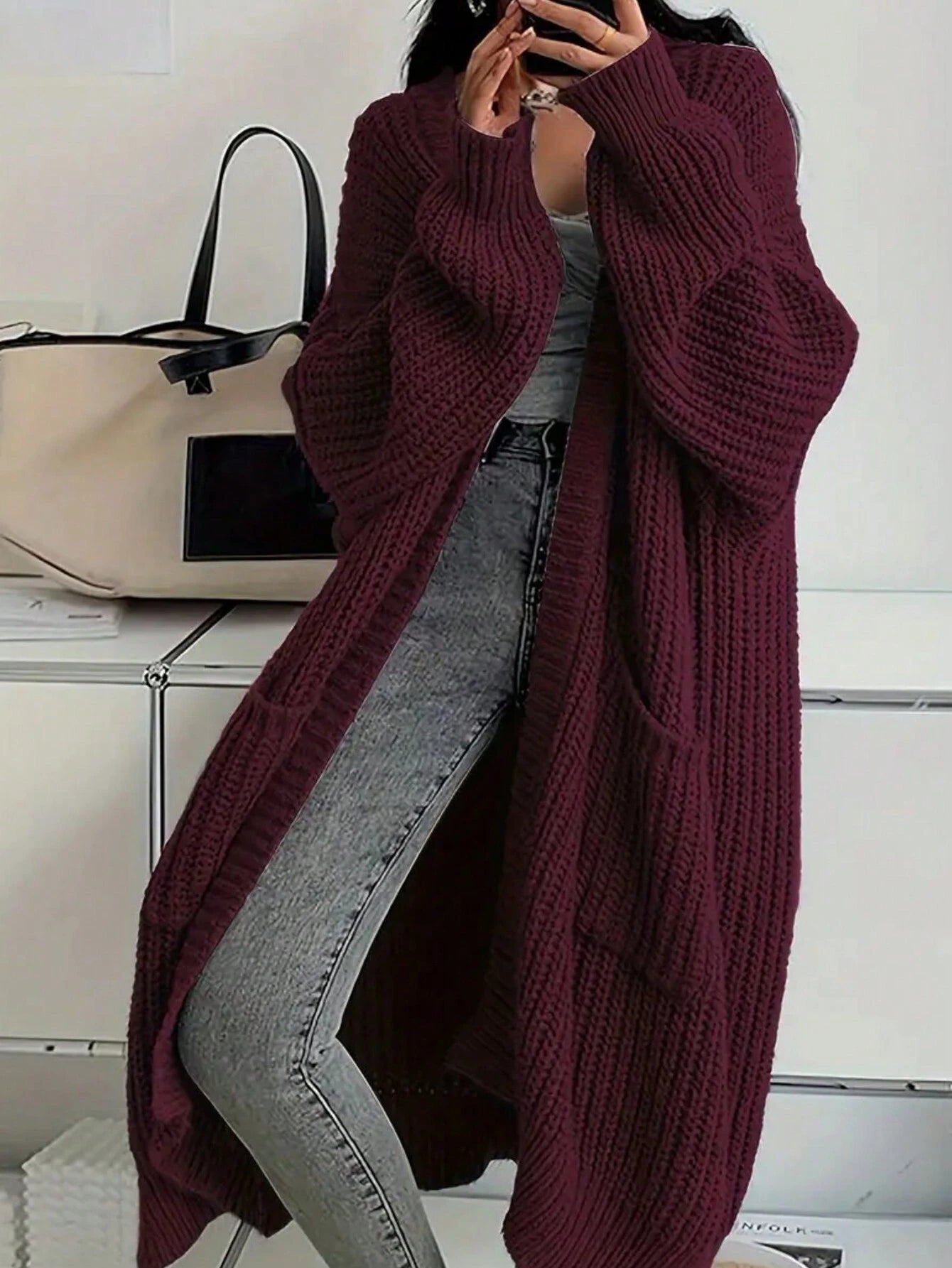  | SHEIN Solid Open Front Loose Knit Cardigan, Casual Long Sleeve Long Length Sweater With Pocket, Women's Clothing | Sweater | Shein | OneHub