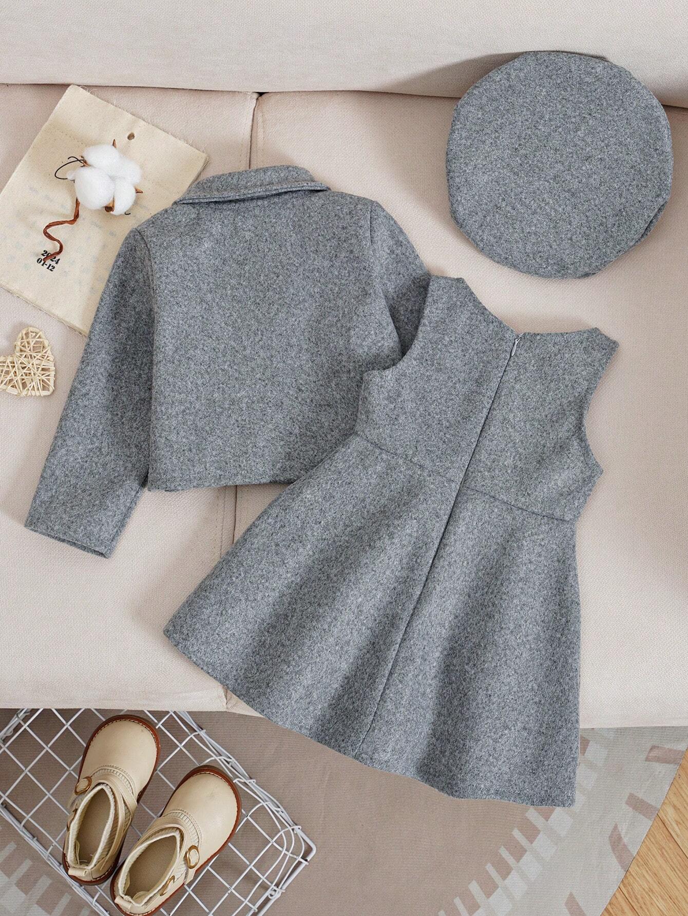 SHEIN Souflis Souflis 3pcs/Set Baby Girls Autumn/Winter Classic Elegant Wool Blend Short Cardigan, Sleeveless Dress And Beret Hat Outfit, Soft And Comfortable Fabric, Suitable For Outings