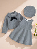 SHEIN Souflis Souflis 3pcs/Set Baby Girls Autumn/Winter Classic Elegant Wool Blend Short Cardigan, Sleeveless Dress And Beret Hat Outfit, Soft And Comfortable Fabric, Suitable For Outings