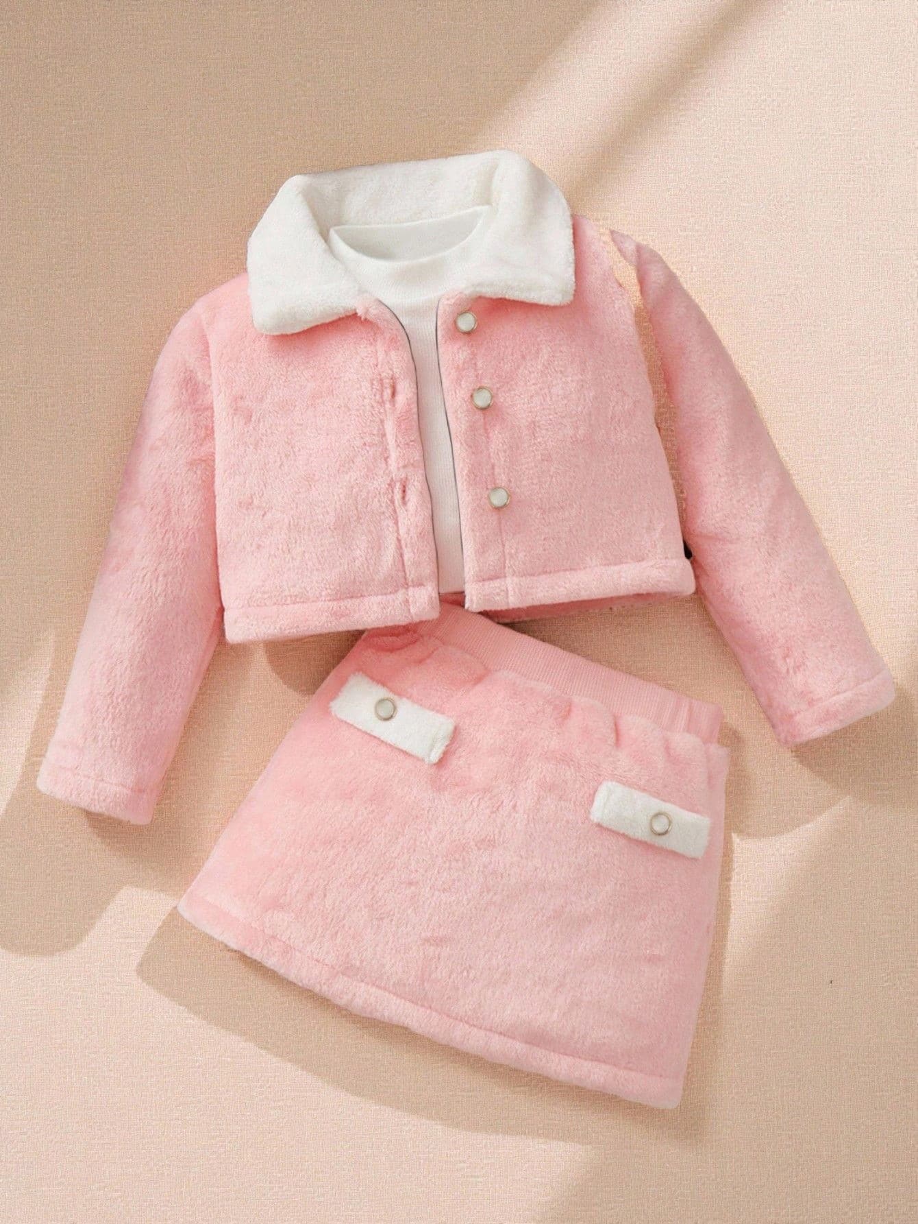 SHEIN Souflis Souflis Baby Girl Contrast Color Lapel Long Sleeve Single-Breasted Jacket And Skirt Casual Suit