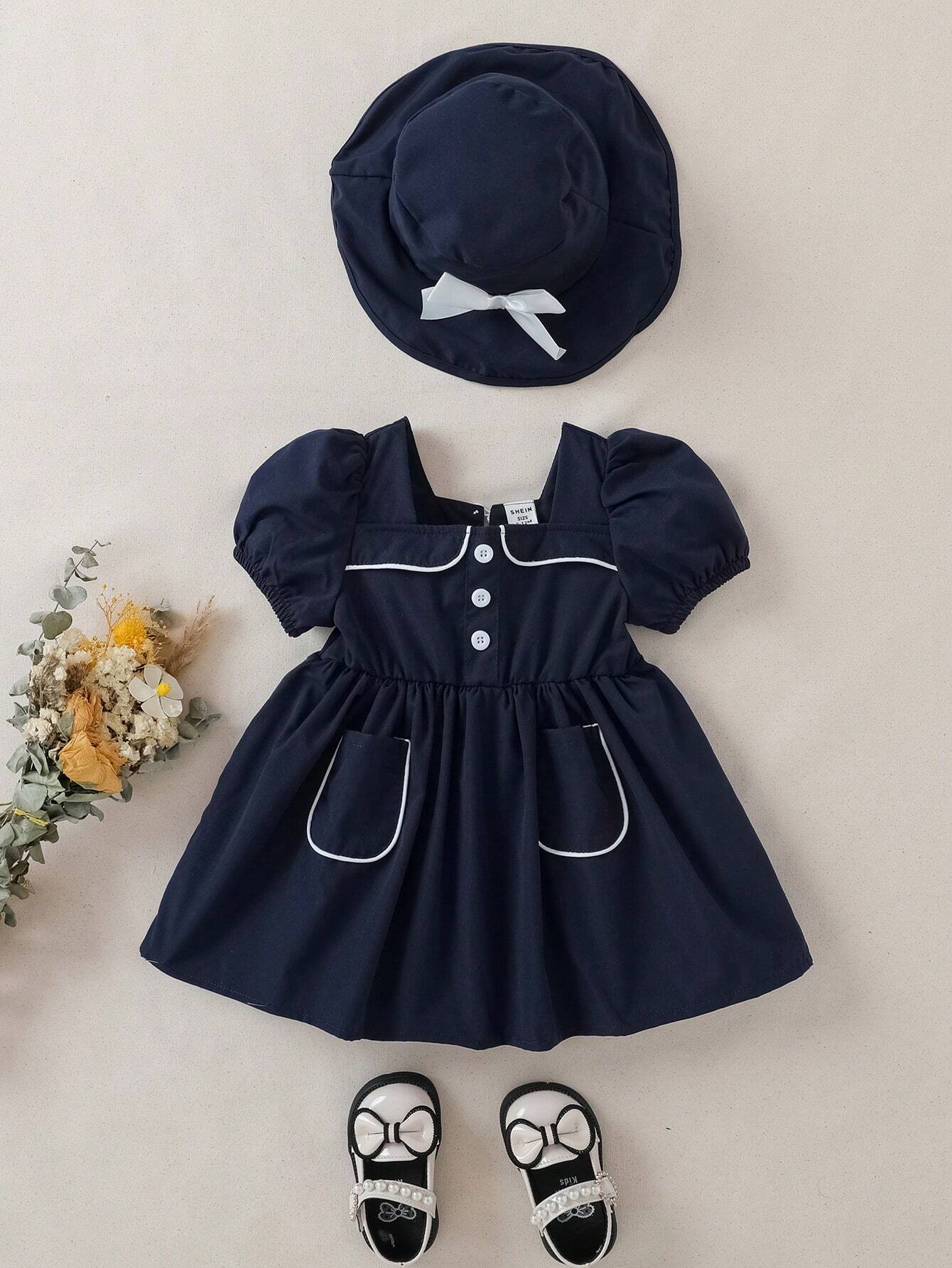  | SHEIN Souflis Souflis Baby Girl Square Neckline Contrast Binding Button Decor Leisure Dress With Hat | Dress | Shein | OneHub