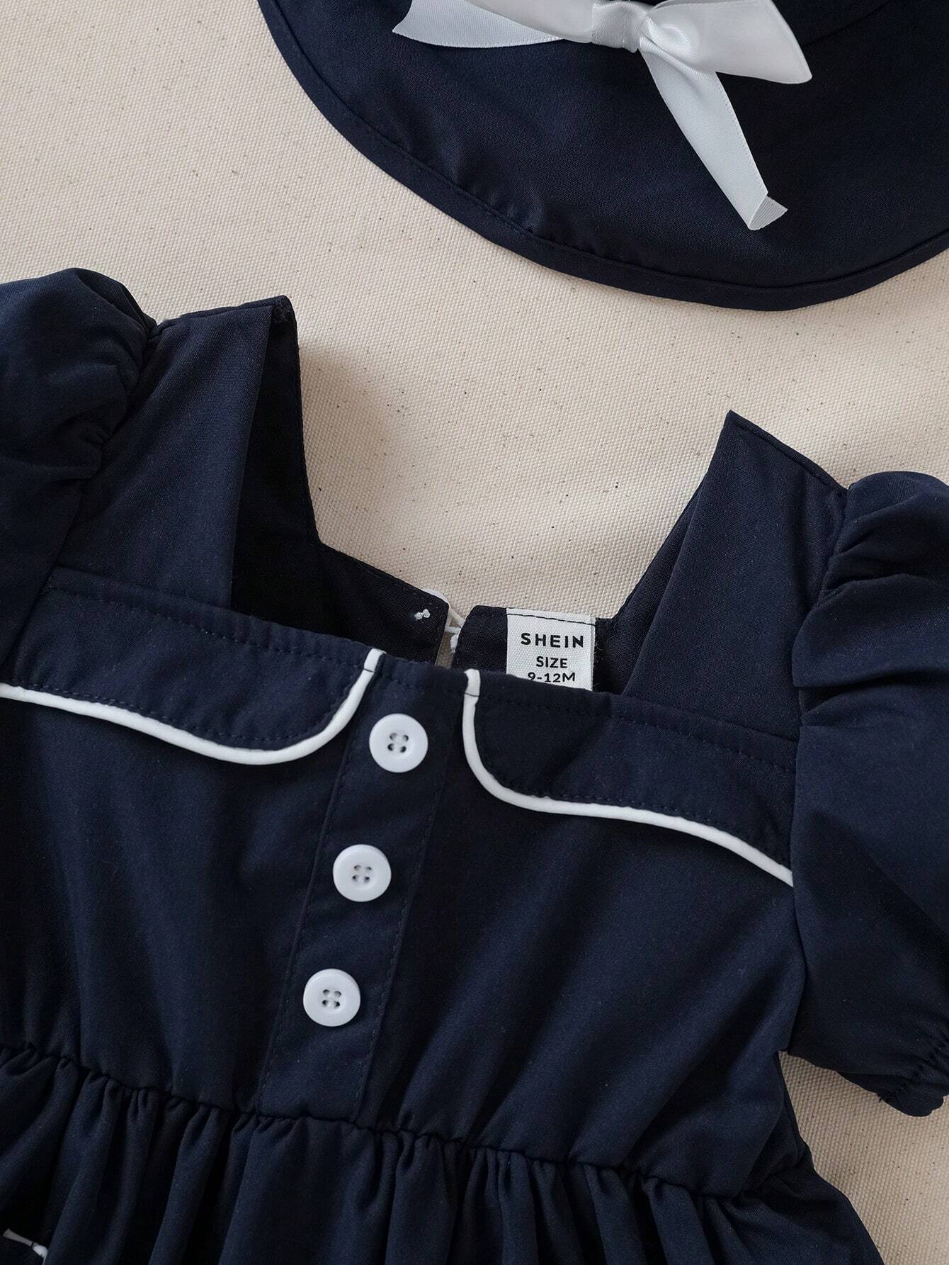  | SHEIN Souflis Souflis Baby Girl Square Neckline Contrast Binding Button Decor Leisure Dress With Hat | Dress | Shein | OneHub