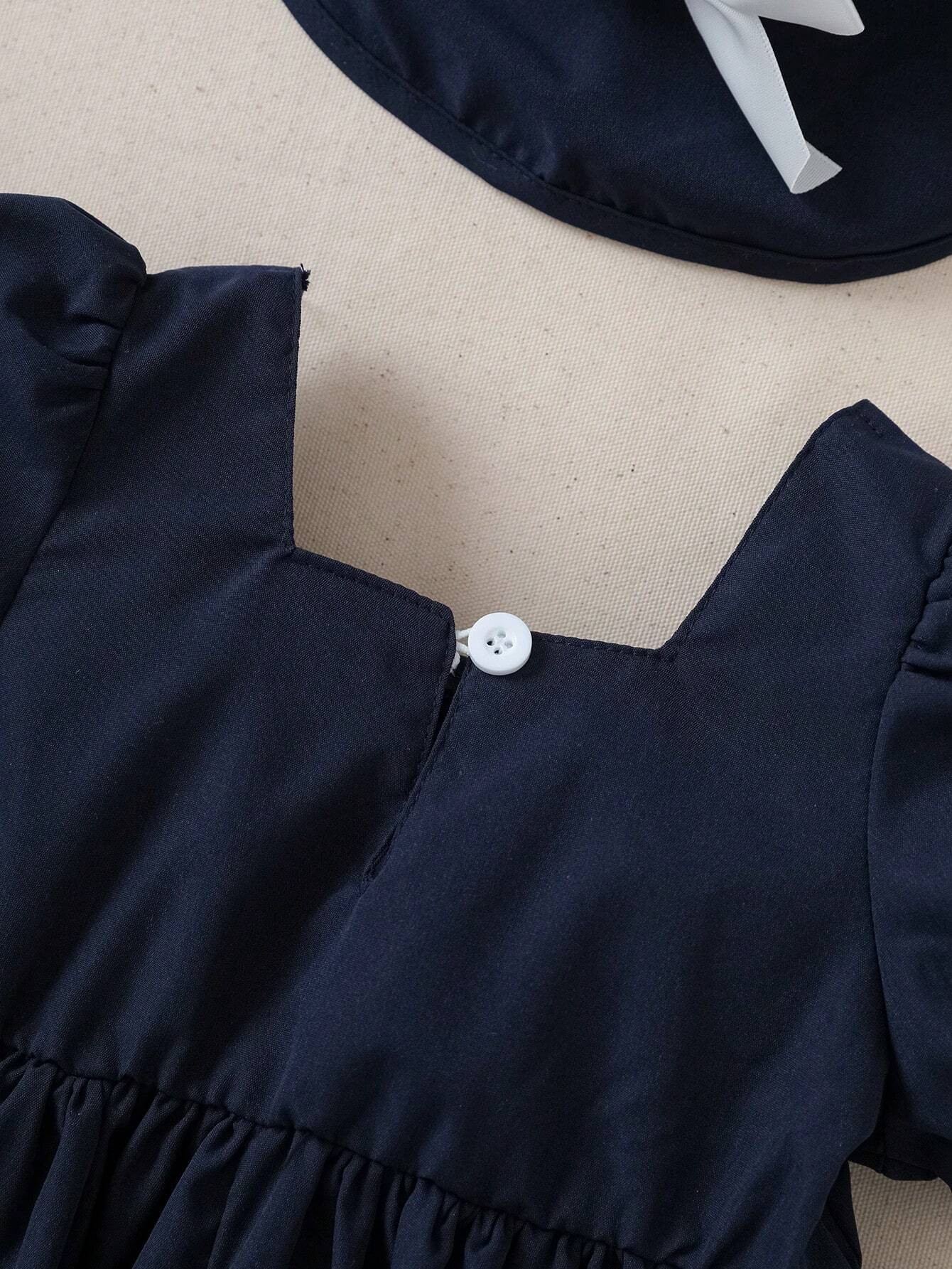  | SHEIN Souflis Souflis Baby Girl Square Neckline Contrast Binding Button Decor Leisure Dress With Hat | Dress | Shein | OneHub