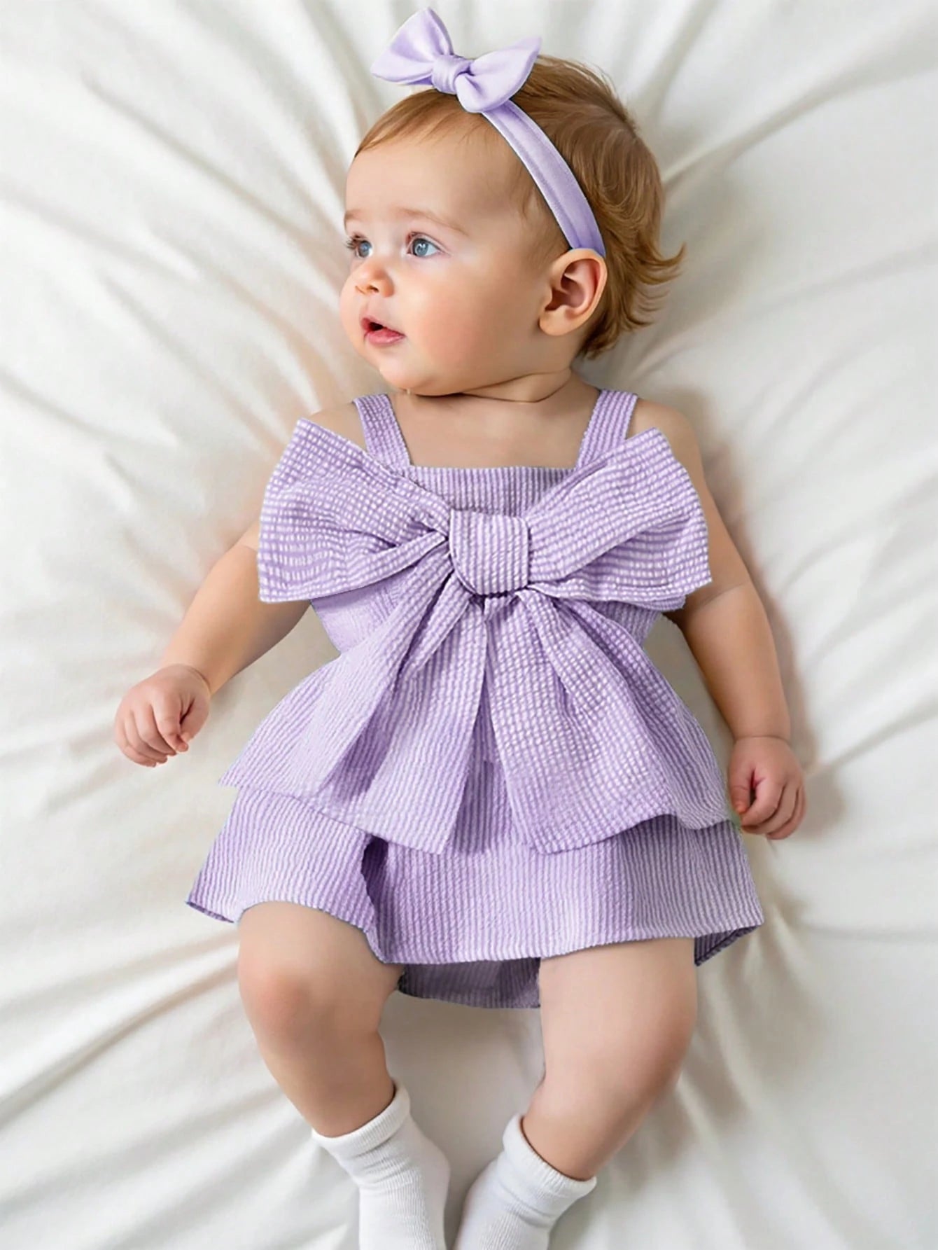 SHEIN Souflis Souflis Baby Girls' Summer Casual Cute Car & Butterfly Knot Strap Striped Romper, Korean Style