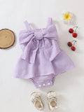 SHEIN Souflis Souflis Baby Girls' Summer Casual Cute Car & Butterfly Knot Strap Striped Romper, Korean Style