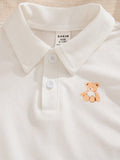 SHEIN Souflis Souflis Babyboy Casual Polo Collar Button Bear Pattern Top + Striped Stylish Shorts 2pcs Set + Striped Cap Accessory