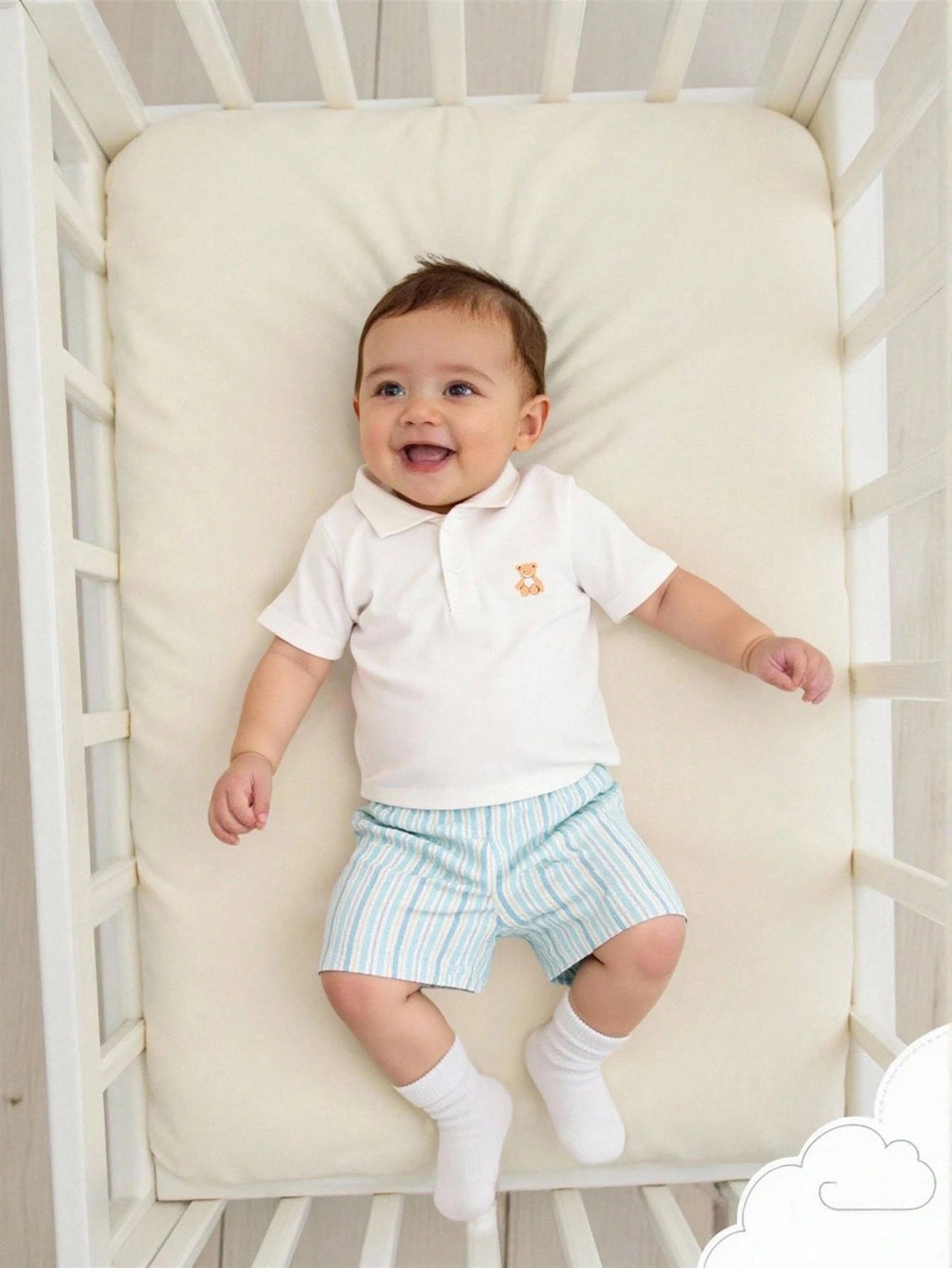 SHEIN Souflis Souflis Babyboy Casual Polo Collar Button Bear Pattern Top + Striped Stylish Shorts 2pcs Set + Striped Cap Accessory