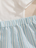 SHEIN Souflis Souflis Babyboy Casual Polo Collar Button Bear Pattern Top + Striped Stylish Shorts 2pcs Set + Striped Cap Accessory