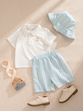 SHEIN Souflis Souflis Babyboy Casual Polo Collar Button Bear Pattern Top + Striped Stylish Shorts 2pcs Set + Striped Cap Accessory