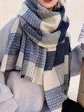 SHEIN Street 1pc Women's Winter Scarf, European And American Style White-Blue-Grey Plaid Scarf For Women, Thick Warm Student Neck Wrap, Soft And Comfy Blanket Scarf, For Keep Warm Outdoors In Winter