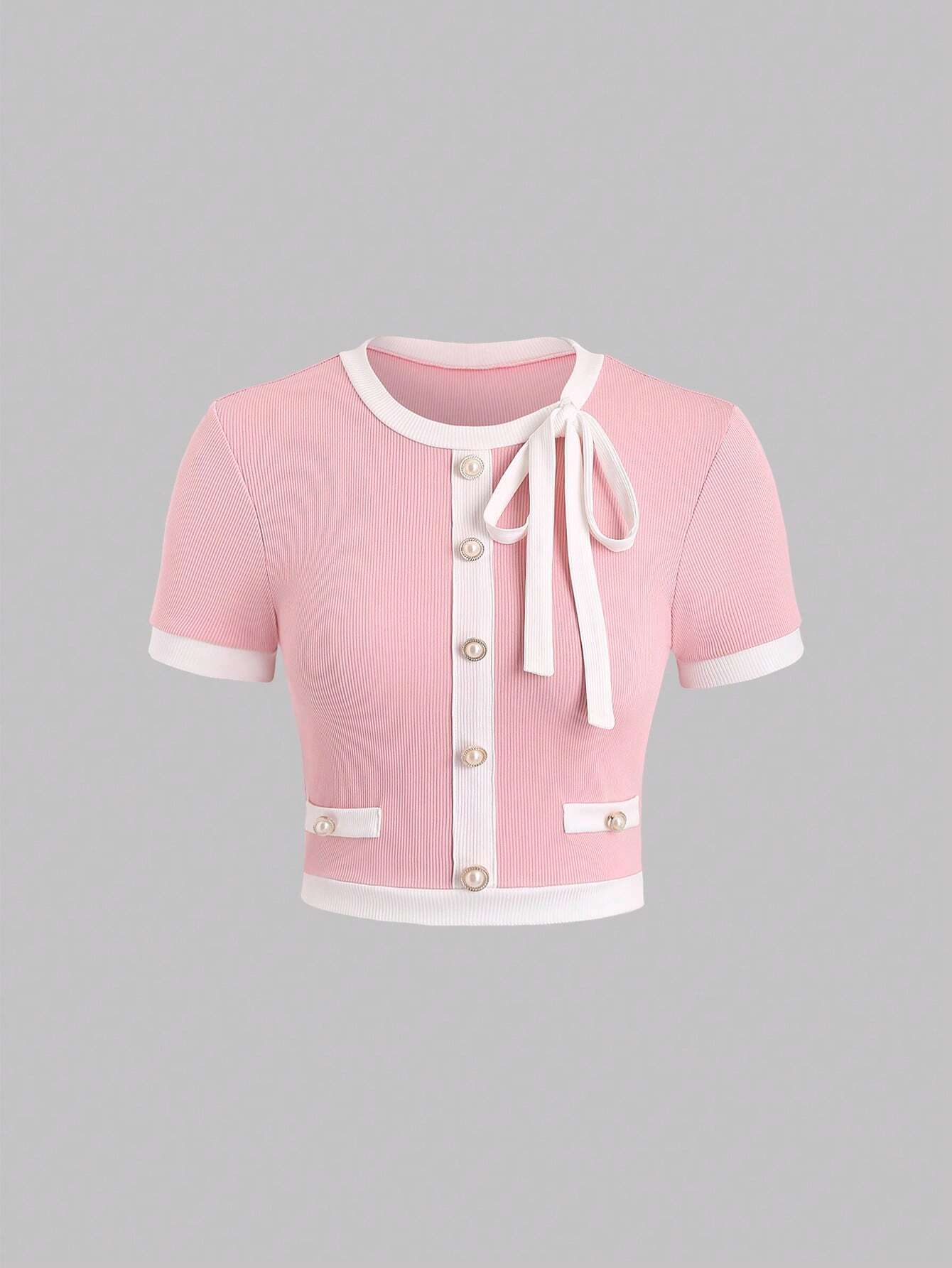  | SHEIN Sweetra Contrast Binding Button Detail Tight Fit T-Shirt For Casual Summer Graphic Tees Women Tops | Tee | Shein | OneHub