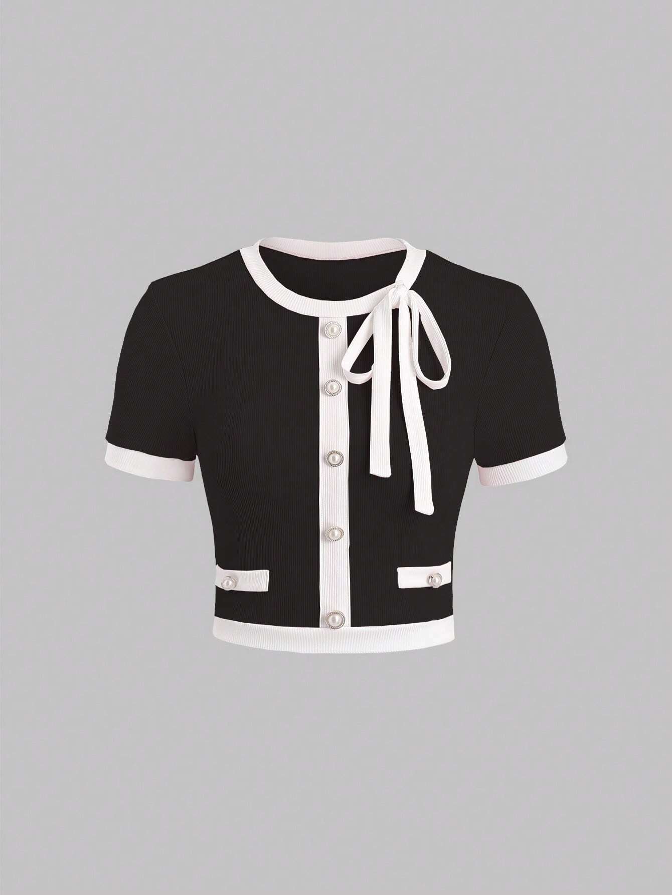  | SHEIN Sweetra Contrast Trim Tie Front Tee Graphic Tees Women Tops | Tee | Shein | OneHub