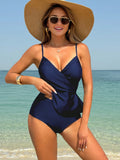 SHEIN Swim Lushoire Summer 2pcs Solid Color Criss-Cross Twist Front Ruffle Hem Swimwear Set
