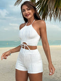  | SHEIN Swim Lushoire Summer Beach Women's Plain Textured White Swimwear Set With Halter Top & Boyshorts, Two Pieces Swimwear | Top and Pant Set | Shein | OneHub