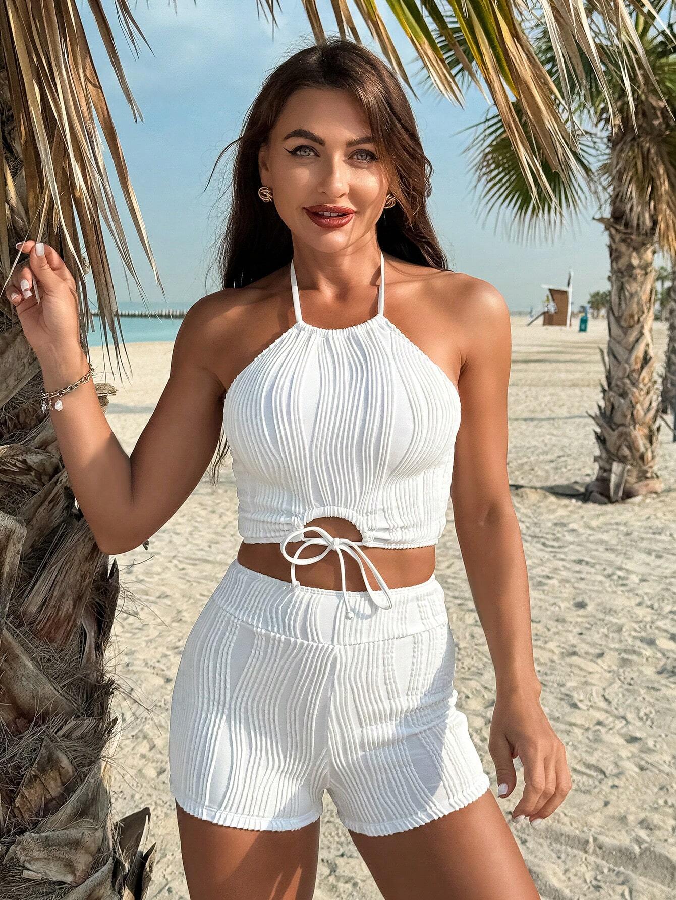  | SHEIN Swim Lushoire Summer Beach Women's Plain Textured White Swimwear Set With Halter Top & Boyshorts, Two Pieces Swimwear | Top and Pant Set | Shein | OneHub
