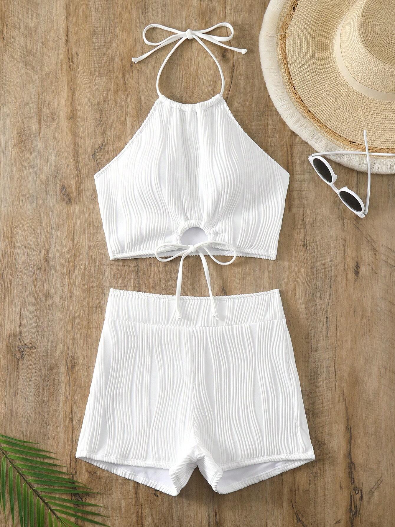  | SHEIN Swim Lushoire Summer Beach Women's Plain Textured White Swimwear Set With Halter Top & Boyshorts, Two Pieces Swimwear | Top and Pant Set | Shein | OneHub