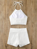  | SHEIN Swim Lushoire Summer Beach Women's Plain Textured White Swimwear Set With Halter Top & Boyshorts, Two Pieces Swimwear | Top and Pant Set | Shein | OneHub