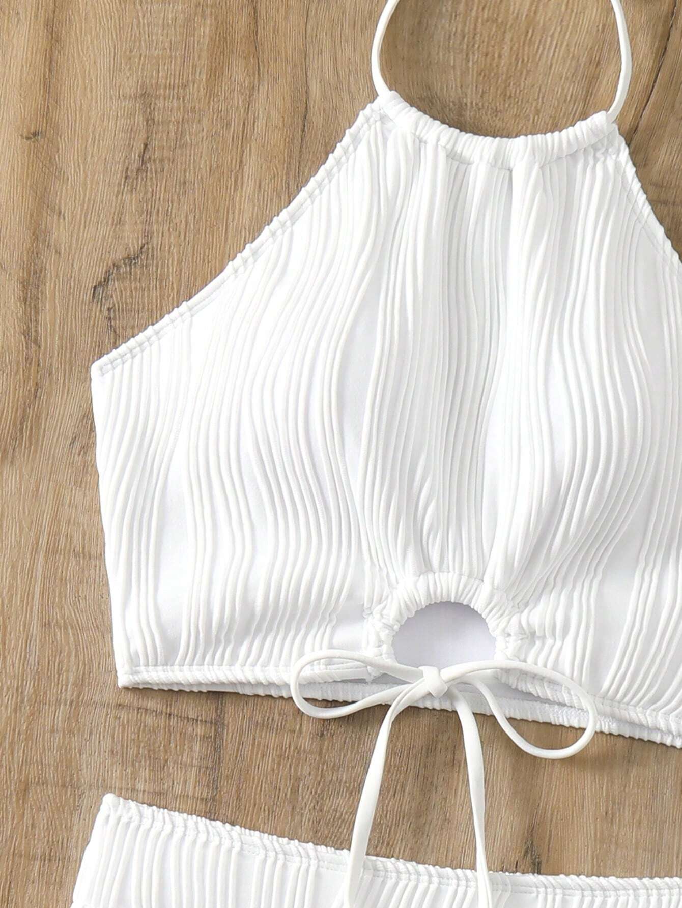  | SHEIN Swim Lushoire Summer Beach Women's Plain Textured White Swimwear Set With Halter Top & Boyshorts, Two Pieces Swimwear | Top and Pant Set | Shein | OneHub