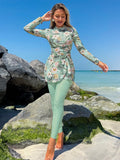  | SHEIN Swim Mulvari 2pcs/Set Women Tropical Plant & Flower Pattern Tight Casual Long Sleeve Beach Burkini Set | Burkini | Shein | OneHub